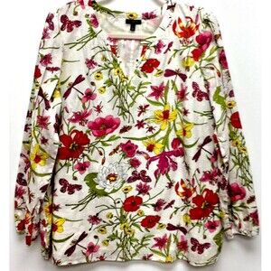 Garden Floral Swiss Dot Split Neck Blouse Dragonfly Butterfly Talbots XL